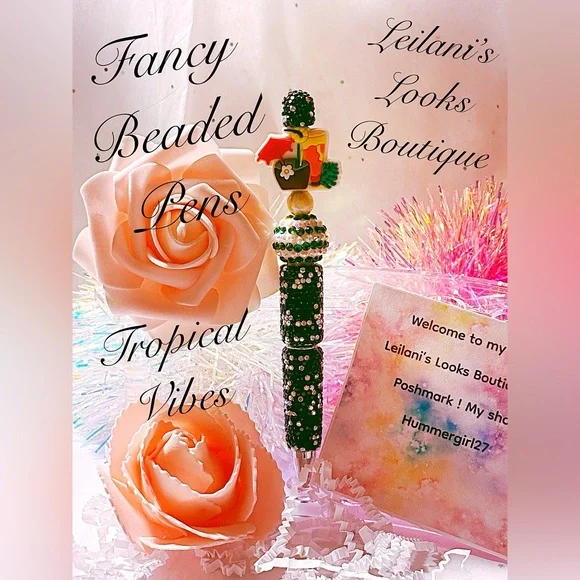 Fancy beaded pen/gifts/tropical vibes/green beads - Picture 2 of 6